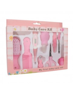 Baby Infant Nail Clipper Scissors Hair Brush Comb Medicine Dispenser Thermometer Set (Pink)